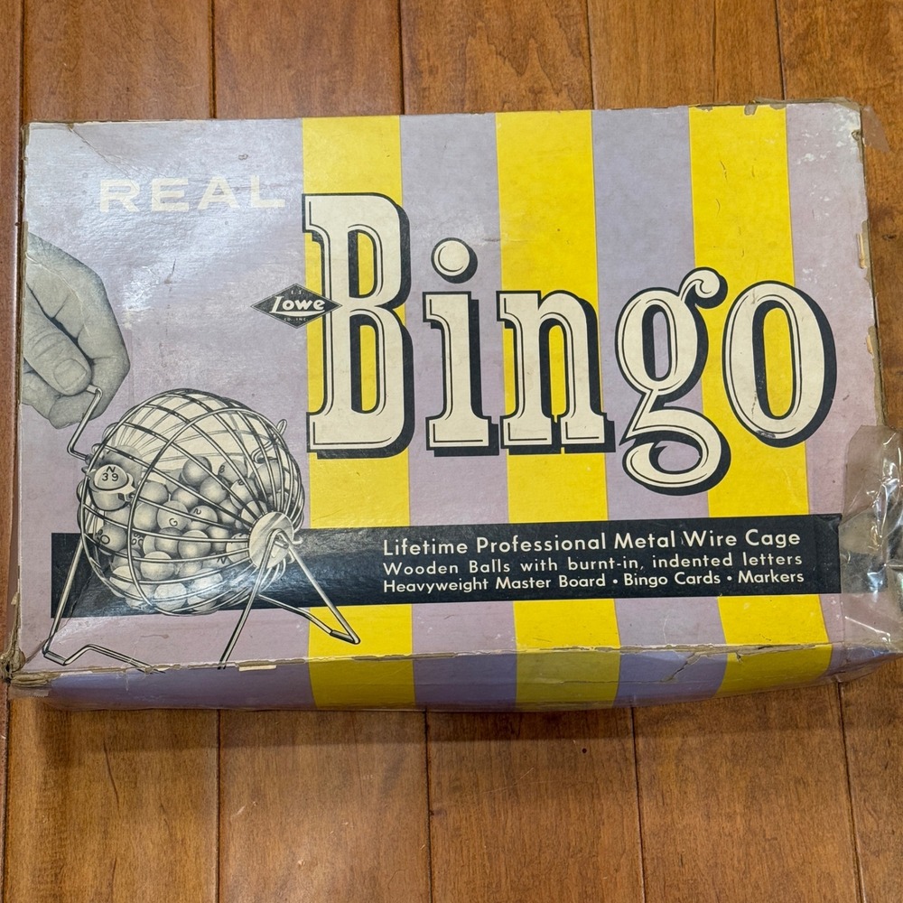 1941 Real Bingo by E.S. Lowe, metal cage, wooden balls, bingo cards—Complete